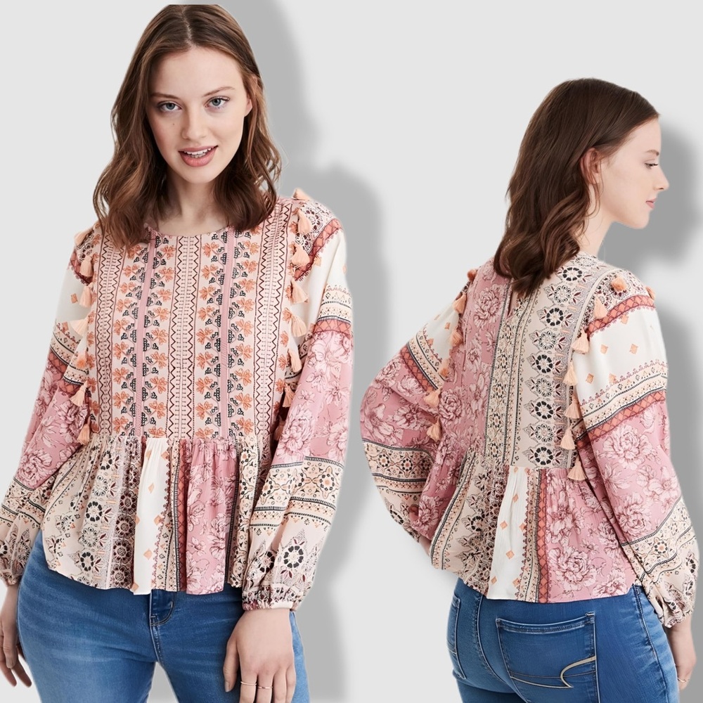 American Eagle Bohemian Tassel Embroidered Floral Mixed Print Peplum Top Medium